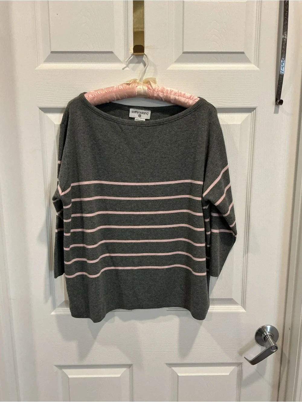kathy ireland Charcoal Gray Sweater with Light Pink Stripes
